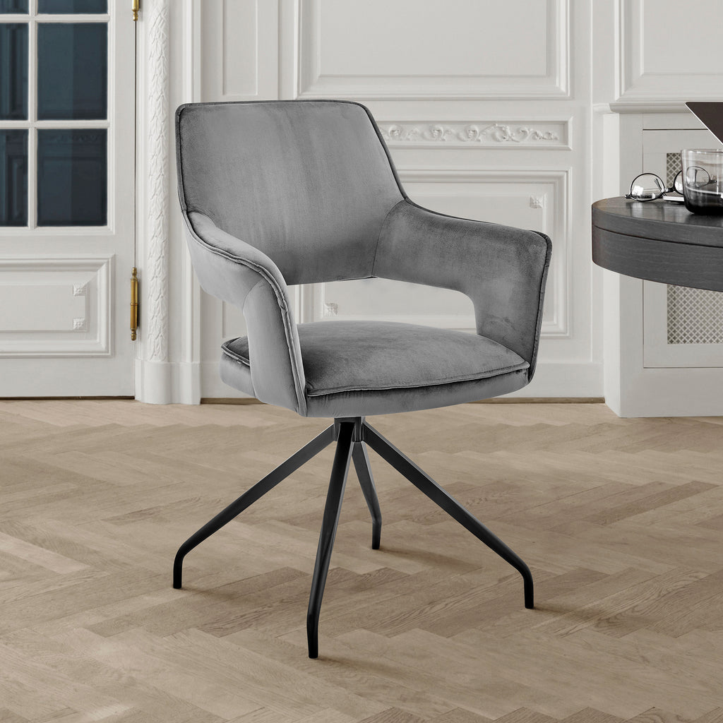 Devora Dining Room Accent Chair in Gray Velvet with Black Finish