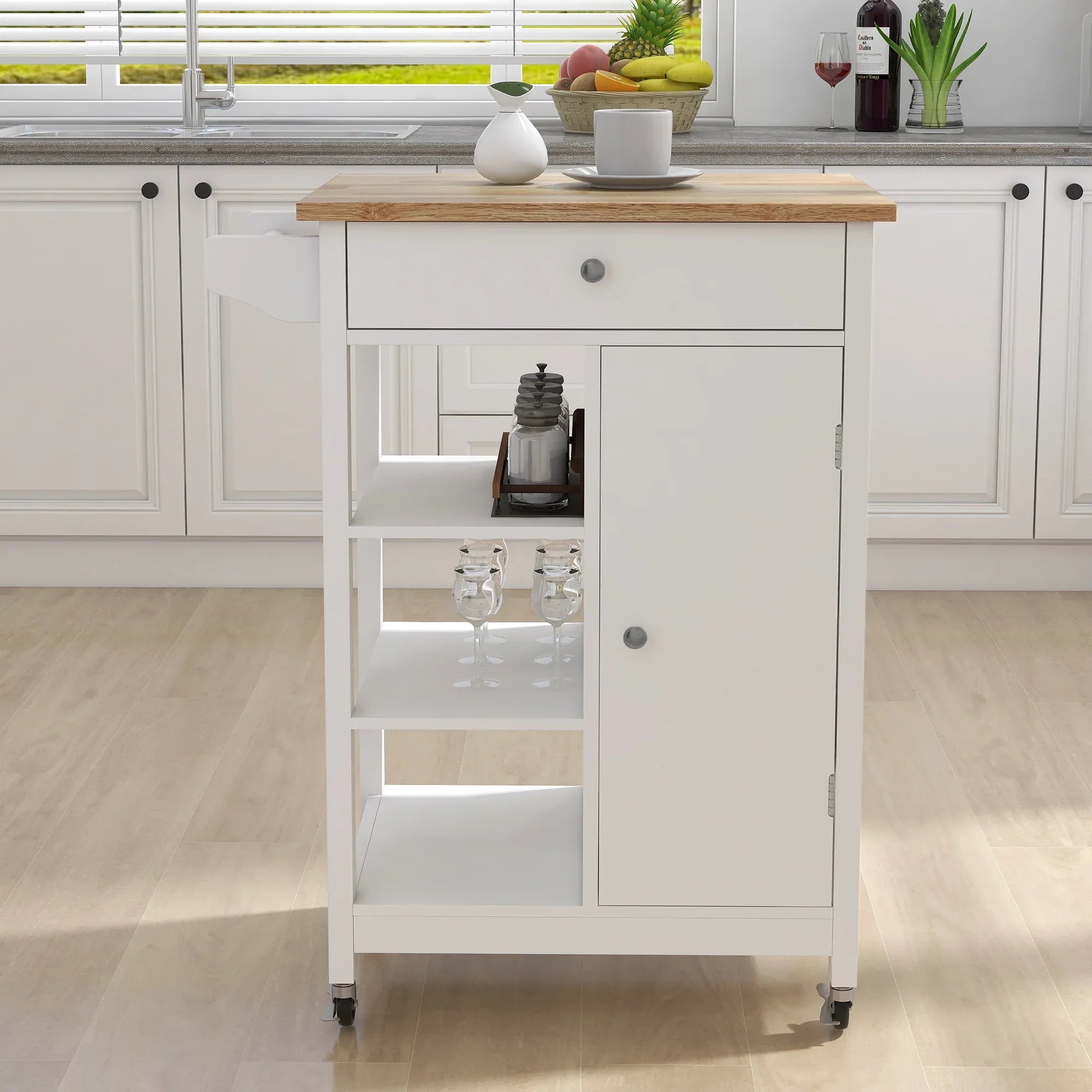 Kitchen island rolling trolley cart with Adjustable Shelves and towel rack rubber wood table top - Eloy Royal