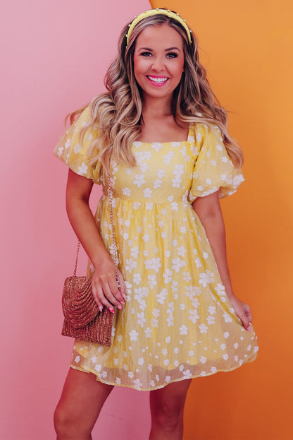 Yellow Boho Flower Jacquard Puff Sleeve Square Neck Mini Dress - Eloy Royal