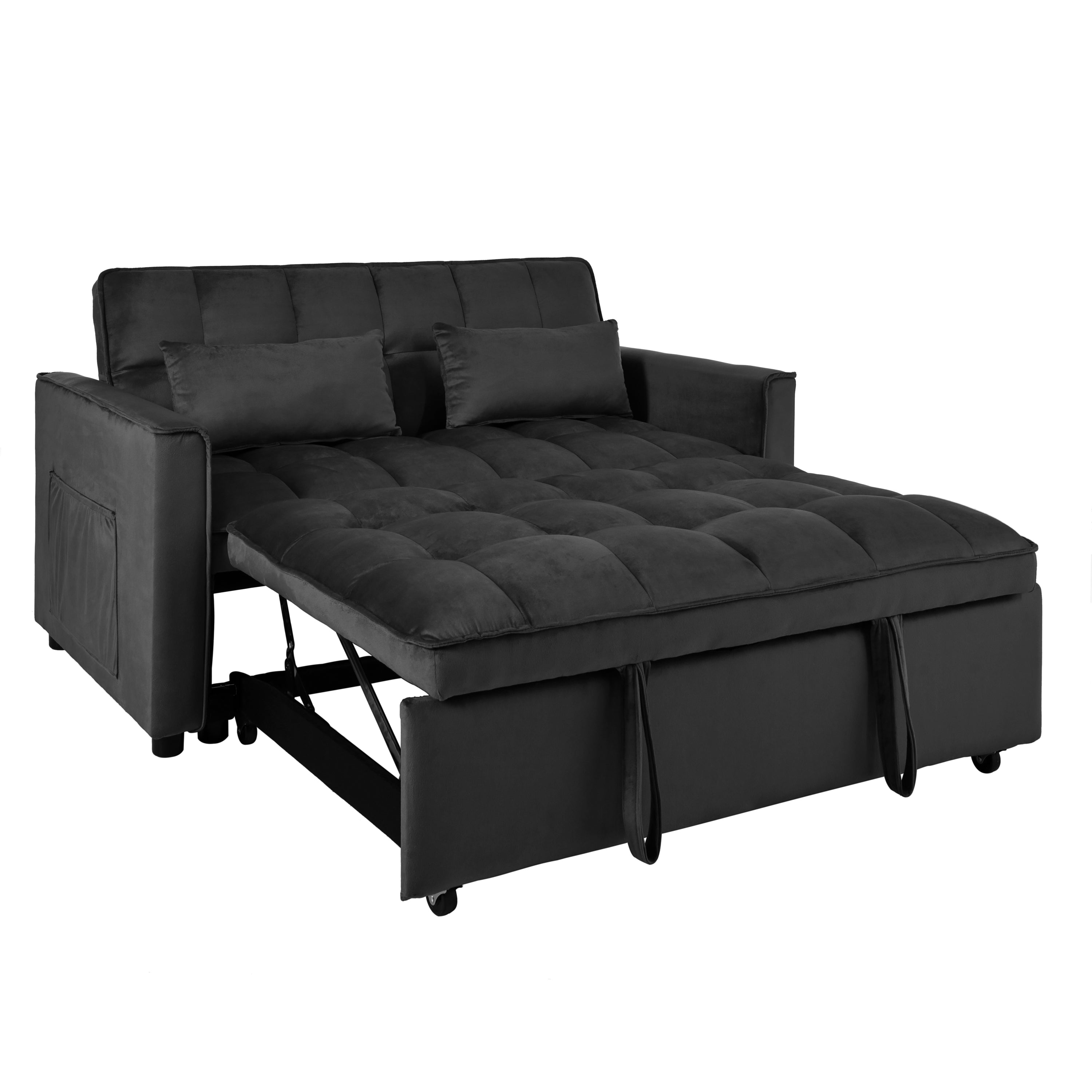 Convertible 3-in-1 Sofa Bed with Reclining Backrest and Pillows, Black Velvet, Foam, Metal & Wood