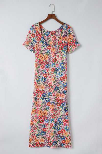 Multicolor Floral Print Ruffle Sleeves Open Back Maxi Dress - Eloy Royal