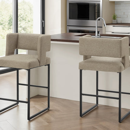 Barstool, Counter Height, Set Of 2, Kitchen, Brown Fabric, Black Metal, Contemporary, Modern