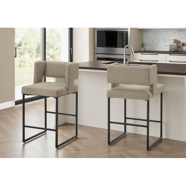 Barstool, Counter Height, Set Of 2, Kitchen, Brown Fabric, Black Metal, Contemporary, Modern