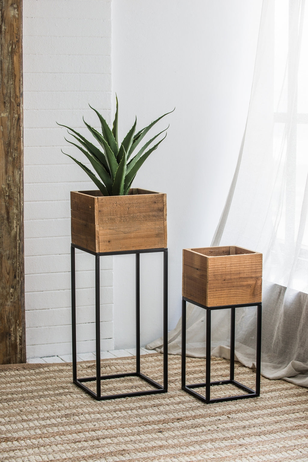 Set of 2 Reclaimed Wooden Box With Black Iron Stand, L:11x11x29.5' S:8.5x8.5x21.5'