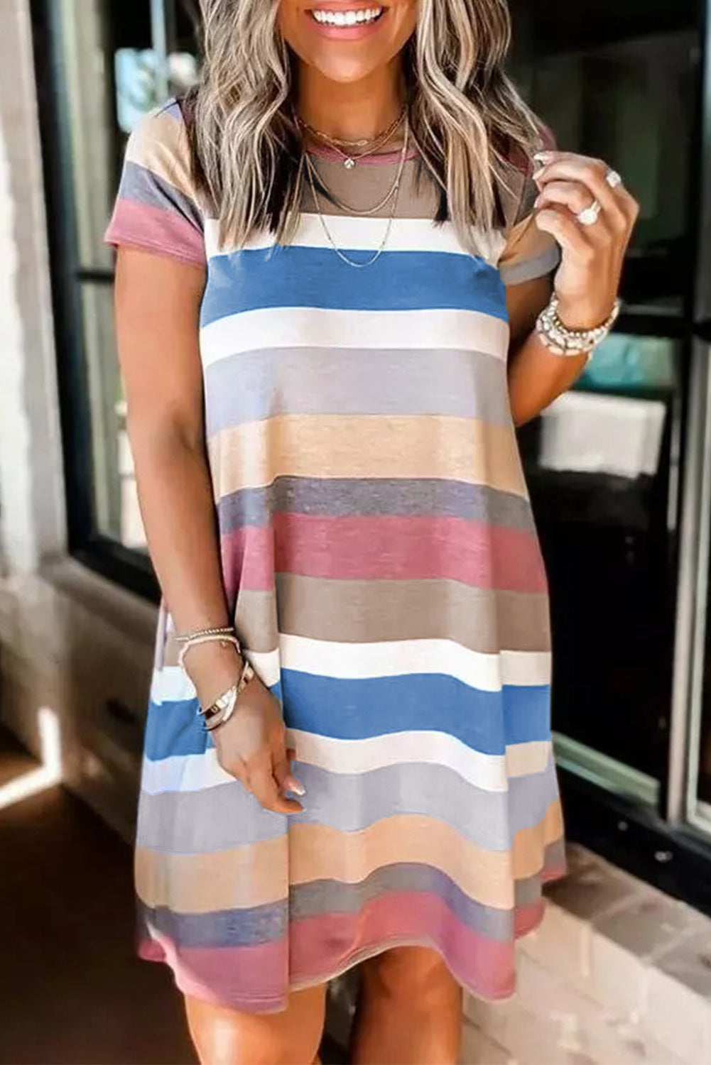 Multicolor Striped Casual Pocket Color Block T Shirt Dress - Eloy Royal