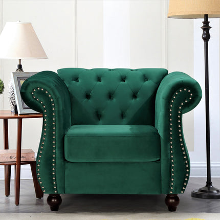 Chesterfield Crushed Velvet Accent Chair, Button Tufted Single Sofa Chair with Rolled Arms, Wood Tapered Legs, High Density Foam Spring Support, Comes with Matching Bolster