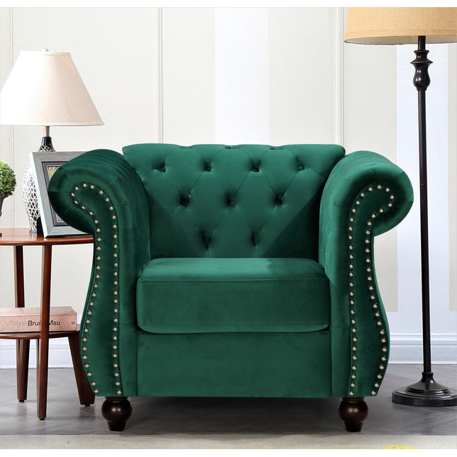 Chesterfield Crushed Velvet Accent Chair, Button Tufted Single Sofa Chair with Rolled Arms, Wood Tapered Legs, High Density Foam Spring Support, Comes with Matching Bolster