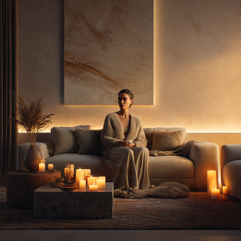 Woman sitting on a couch in a dimly lit room with candles and decorative elements.