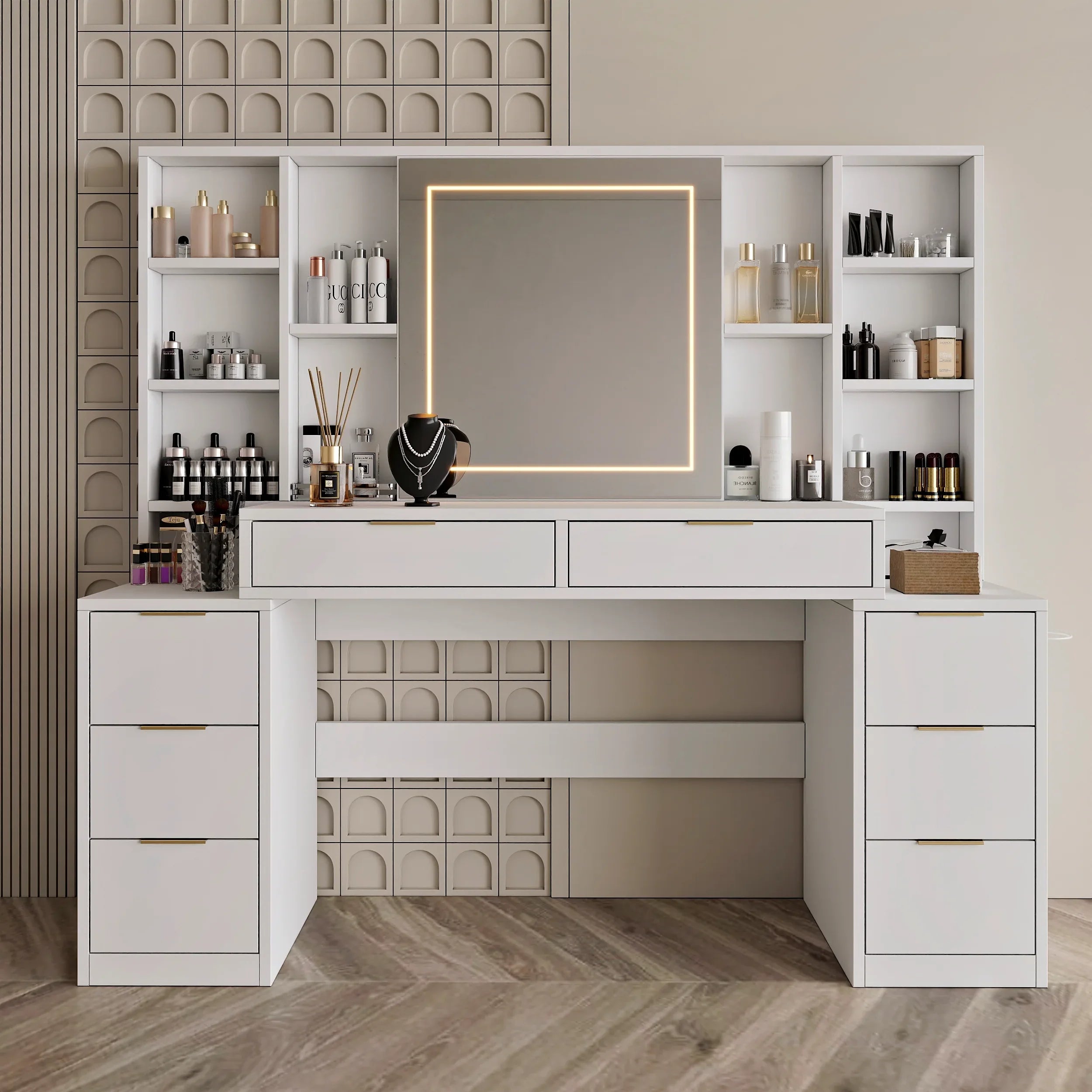 Makeup Vanity Desk with Mirror and Lights, 59' Large Vanity Table with 8Drawers & Open Storage Shelves, Brightness Adjustable, Dressing Table for Bedroom, Women and Girl - Eloy Royal