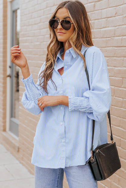 Light Blue Striped Casual Shirred Cuffs Shirt - Eloy Royal