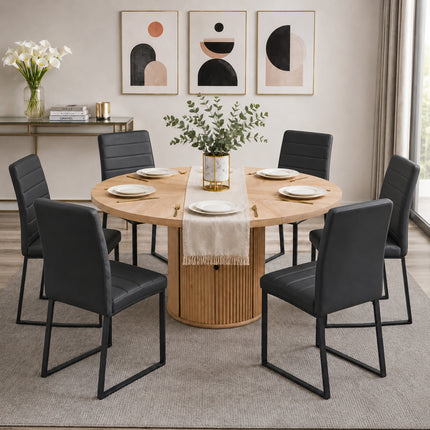 6piece PU Padded Dining Chair Set with 47.2 in Round Roman Column Table, Storage Included, Suitable for Restaurants/Wooden color