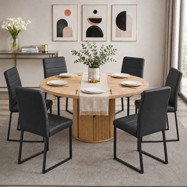 6piece PU Padded Dining Chair Set with 47.2 in Round Roman Column Table, Storage Included, Suitable for Restaurants/Wooden color