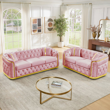 2 Piece Pink and Gold Chesterfield Sofa Set, Luxury Velvet 84.6' 3 Seater & 62.6' Loveseat Couch Set for Living Room with Stainless Steel Decoration and 4 Pillows, Pink