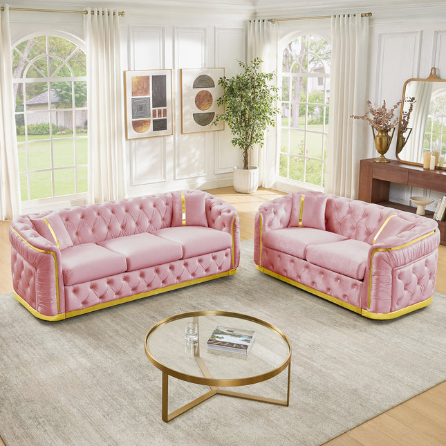 2 Piece Pink and Gold Chesterfield Sofa Set, Luxury Velvet 84.6' 3 Seater & 62.6' Loveseat Couch Set for Living Room with Stainless Steel Decoration and 4 Pillows, Pink