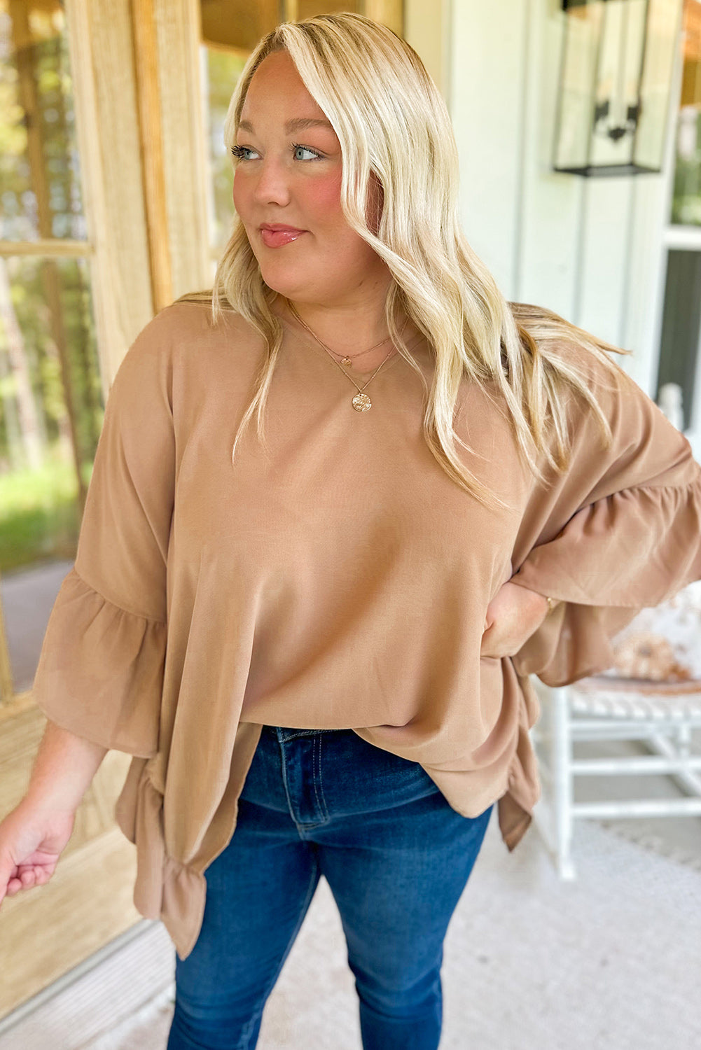 Smoke Gray Plus Size Ruffled Dolman Sleeve V Neck Blouse - Eloy Royal