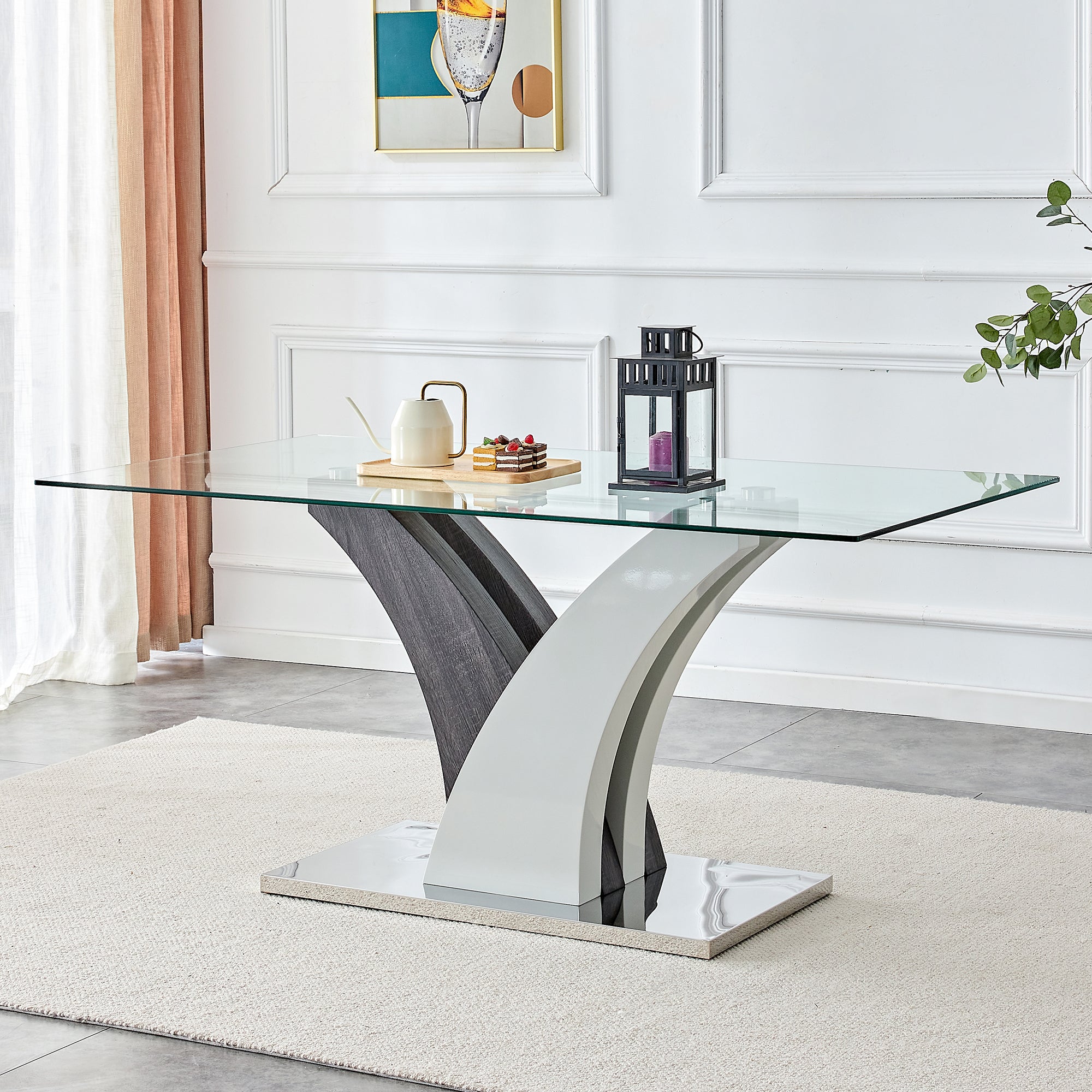 Modern dining table, tempered glass countertop, and artistic MDF legs are perfect for hosting dinners, conferences, home, and office decorations.W1151S00384/W1151S03388