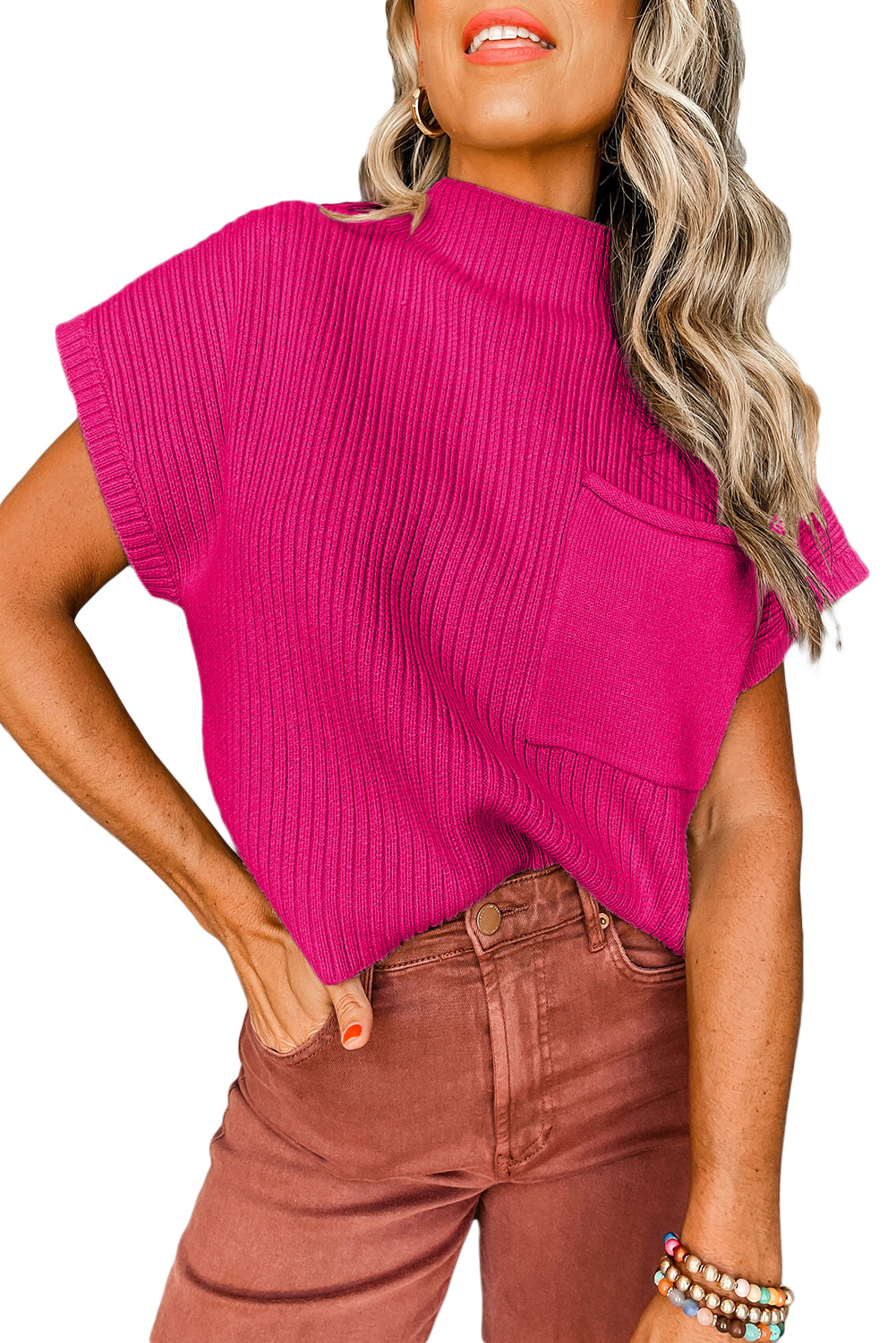 Pink Patch Pocket Ribbed Knit Short Sleeve Sweater