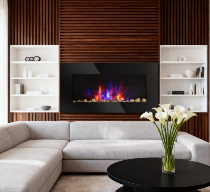7 Color Background Light Wall Fireplace,Electric Wall-Mounted Fireplace with Flame Effect