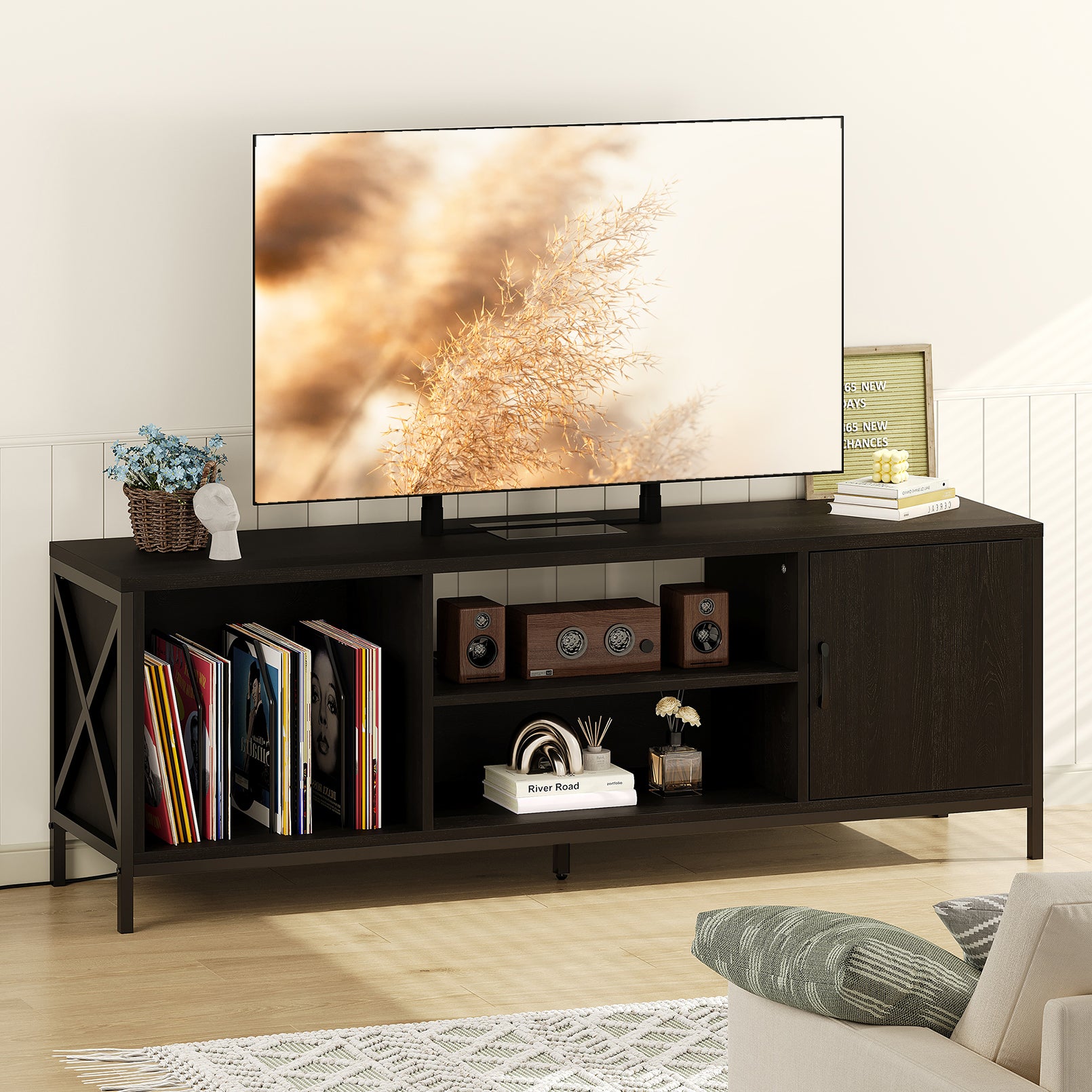 Modern TV Stand for 65 Inch TV, Mid-Century Media Console with Storage, Black