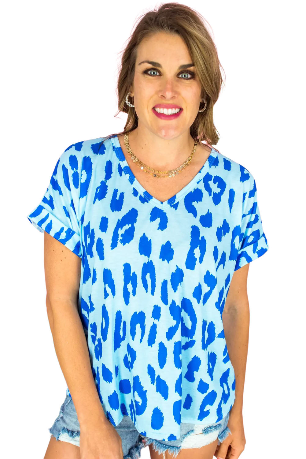 Sky Blue Leopard Print V Neck Plus Size T Shirt - Eloy Royal