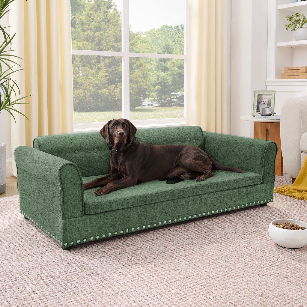 Oversized Pet Sofa ,Elegant Modern Linen Fabric Elevated Dog Sofa Bed, Comfortable Oversized Rectangular Pet Bed with Backrest & Armrest for Large & Oversized Dogs-Olive Green