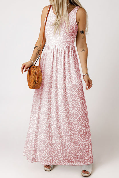 Pink Sleeveless Floor Length Leopard Print Dress with Pockets - Eloy Royal