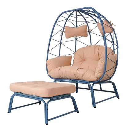 Double Patio Egg Chair with Ottoman, Wicker Outdoor Egg Chair with Cushion, 2 Person Lounge Chair with Footrest for Balcony, Garden and Backyard