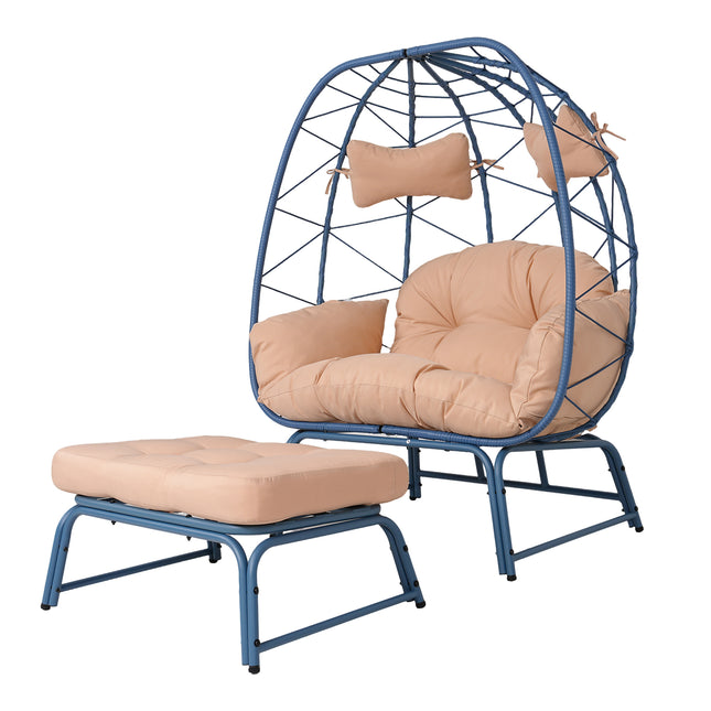 Double Patio Egg Chair with Ottoman, Wicker Outdoor Egg Chair with Cushion, 2 Person Lounge Chair with Footrest for Balcony, Garden and Backyard