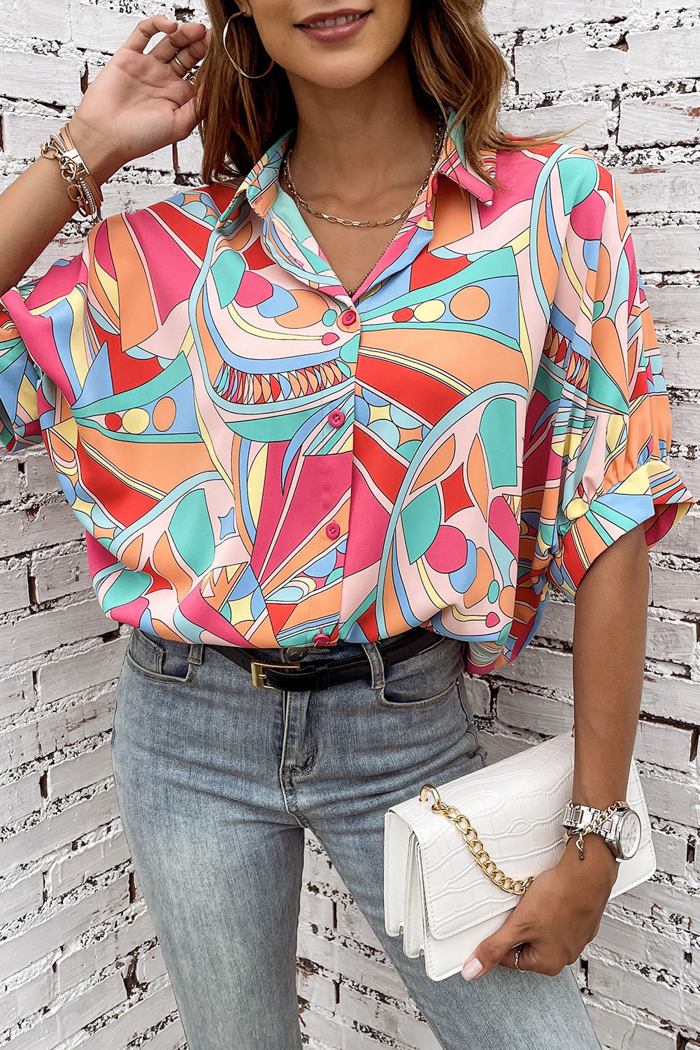 Multicolor Abstract Print Half Batwing Sleeve Loose Shirt - Eloy Royal