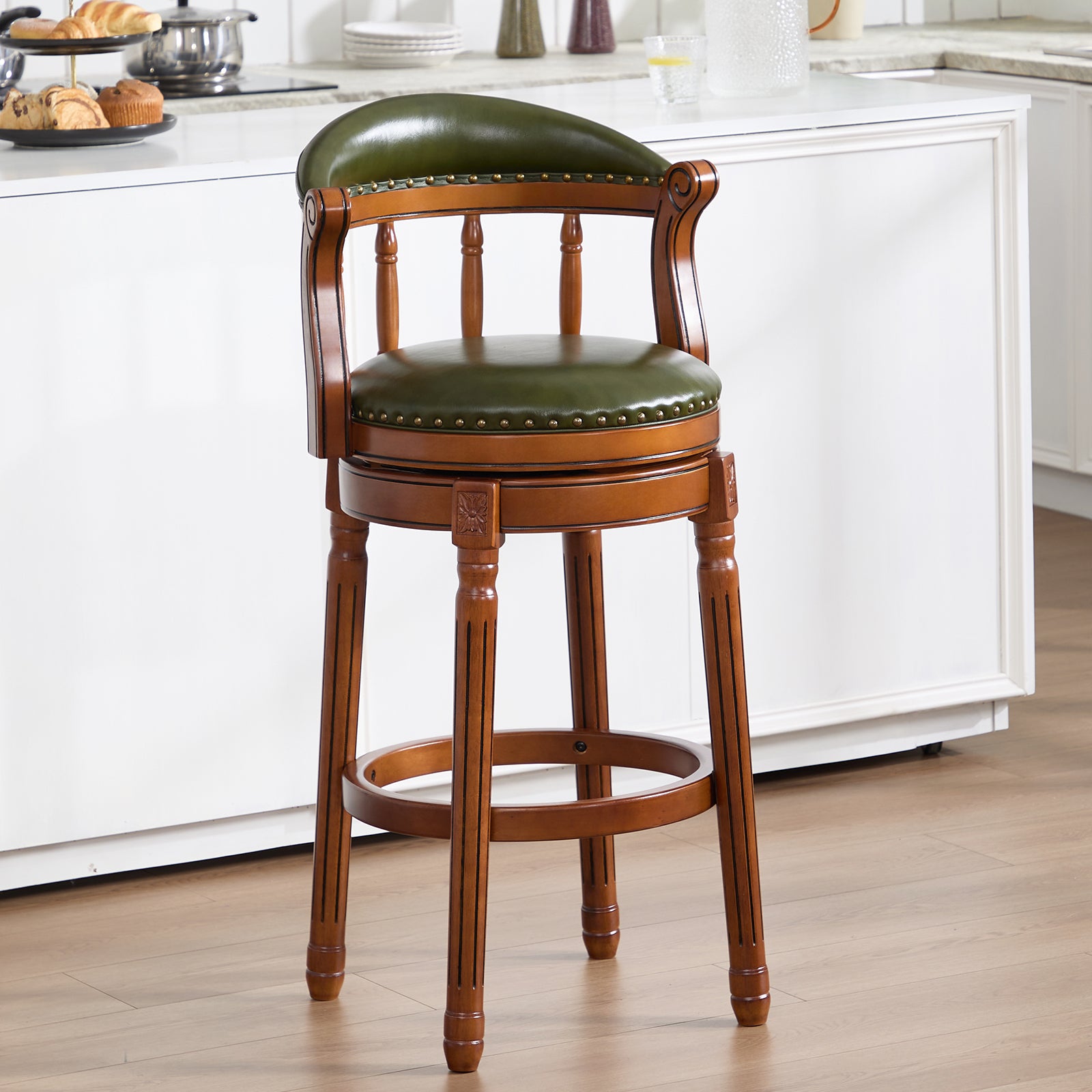 Cow top Leather Wooden Bar Stools, 360 Degree Swivel Bar Chair with Backs,Bar height Couner Height Barstools for Home Kitchen Dining Room and Bar Room(green 1pc)