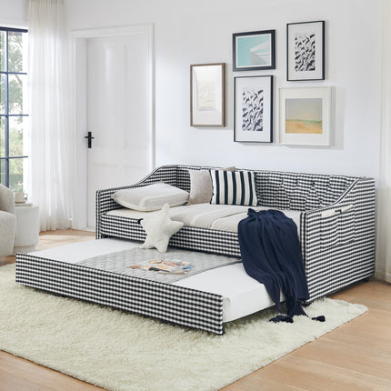 Twin‑Size Daybed,Upholstered Convertible Daybed with Tufted Button Backrest, 3‑in‑1 Versatile Sofa Bed with Pull‑Out Trundle & Side Storage, Perfect for Compact Living-Black