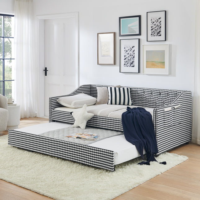 Twin‑Size Daybed,Upholstered Convertible Daybed with Tufted Button Backrest, 3‑in‑1 Versatile Sofa Bed with Pull‑Out Trundle & Side Storage, Perfect for Compact Living-Black