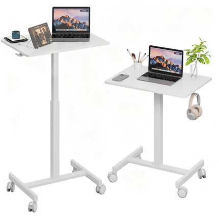 26'×19' White Middle Column Mobile Height Adjustable Desk, Gas Spring Height Regulation, Lockable Universal Casters, With Headphone Hook, Mini Desk