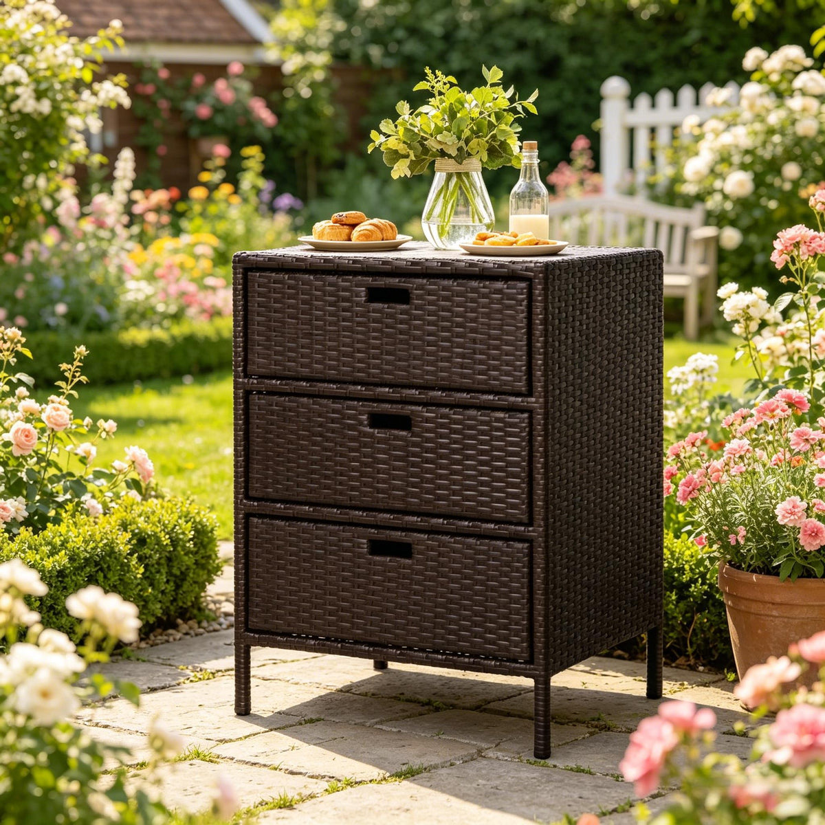 Outdoor Towel Rack,3 Drawers Cabinet Organizer,Rattan Storage Cabinet
