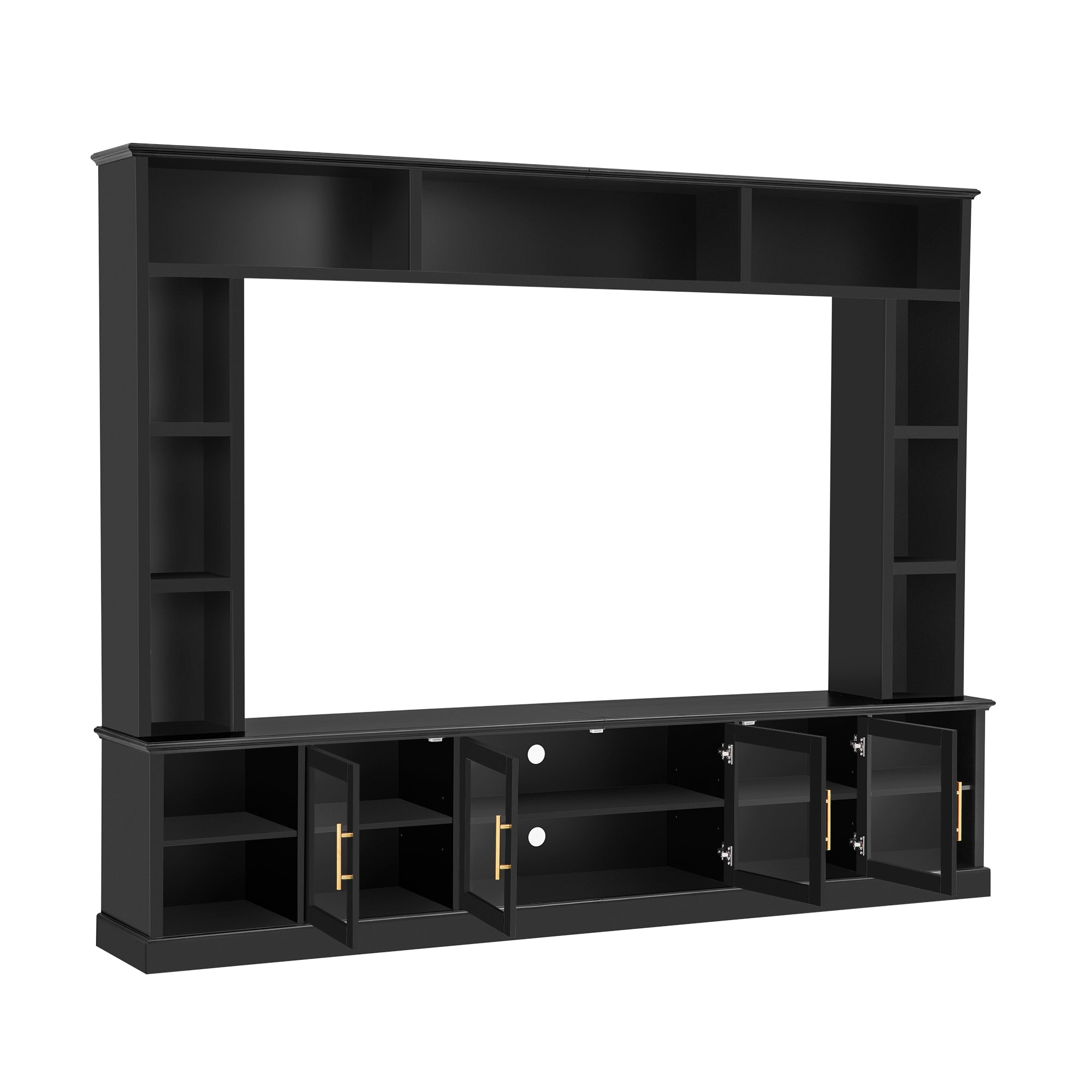 Modern Black Entertainment Center Wall Unit for TVs up to 80 inches with Adjustable Shelves, Tempered Glass Doors, and Bookshelves for Living Room