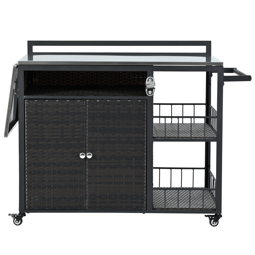 Dark Brown Outdoor Kitchen Island with Storage, Cooking Station, Grill Cart, Foldable Tabletop, and Bottle Opener