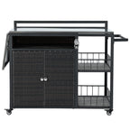 Dark Brown Outdoor Kitchen Island with Storage, Cooking Station, Grill Cart, Foldable Tabletop, and Bottle Opener