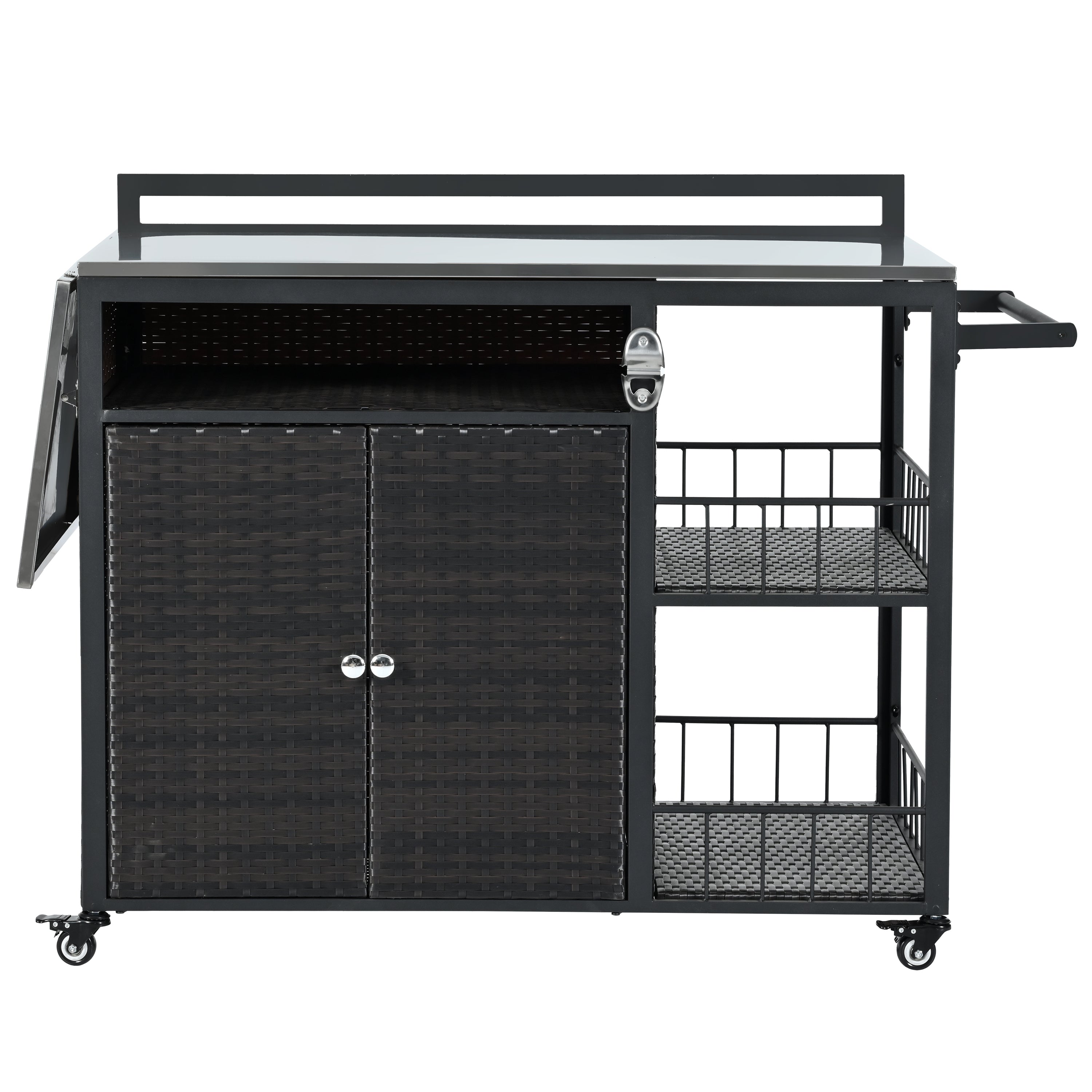 Dark Brown Outdoor Kitchen Island with Storage, Cooking Station, Grill Cart, Foldable Tabletop, and Bottle Opener