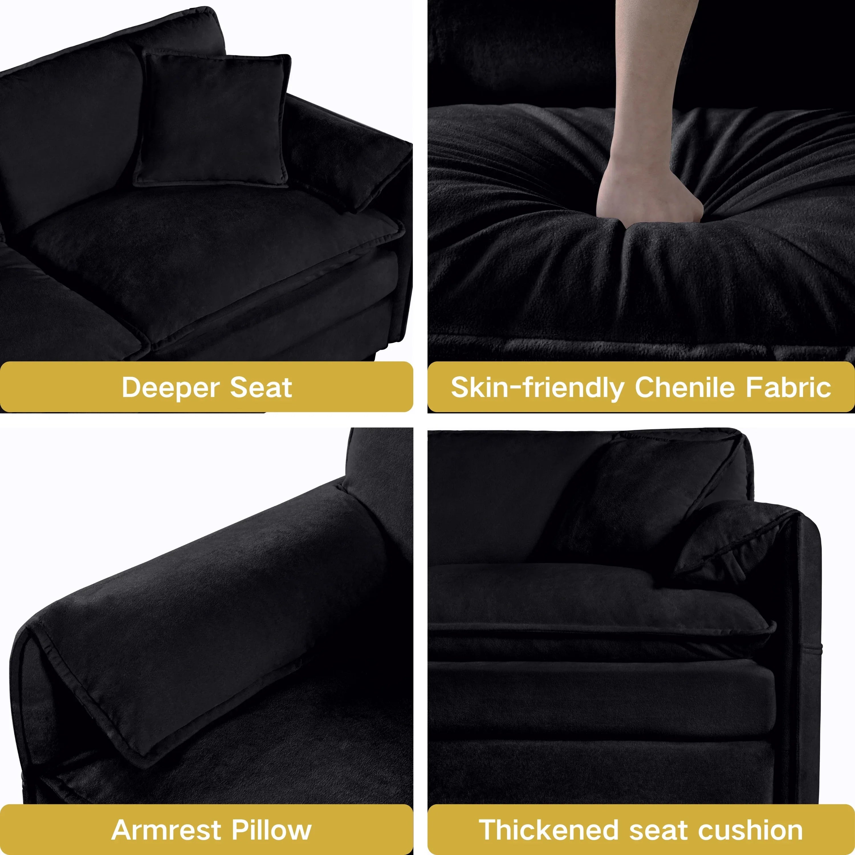 (Old:W3163P269209) Oversized 41.73' Chenille Armchair with 1 Toss Pillow, Modern Modular Reading Chair for Living Room or Bedroom, Deep-Seat DIY Sectional Sofa,Chenille,Black - Eloy Royal