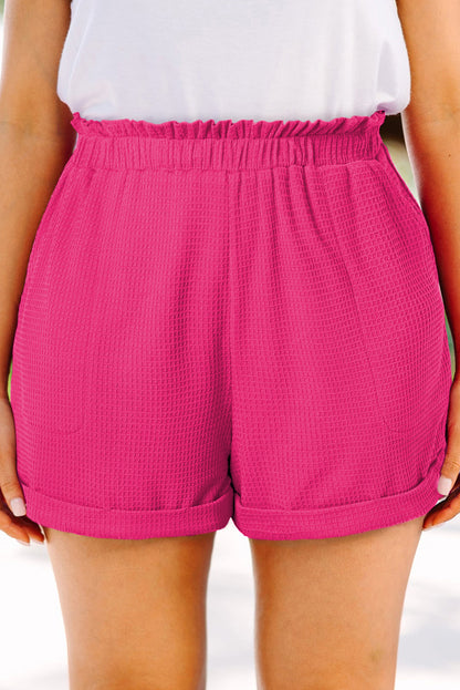 Bright Pink Plus Size Rolled Edge Ruffled Elastic Waist Textured Shorts - Eloy Royal