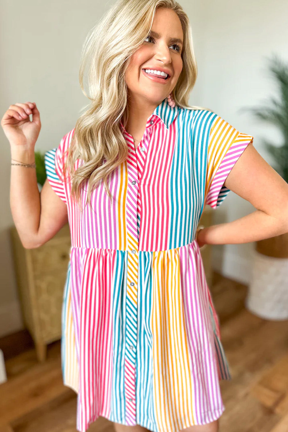 Multicolour Striped Patchwork Hidden Pocket Short Sleeve Mini Dress - Eloy Royal