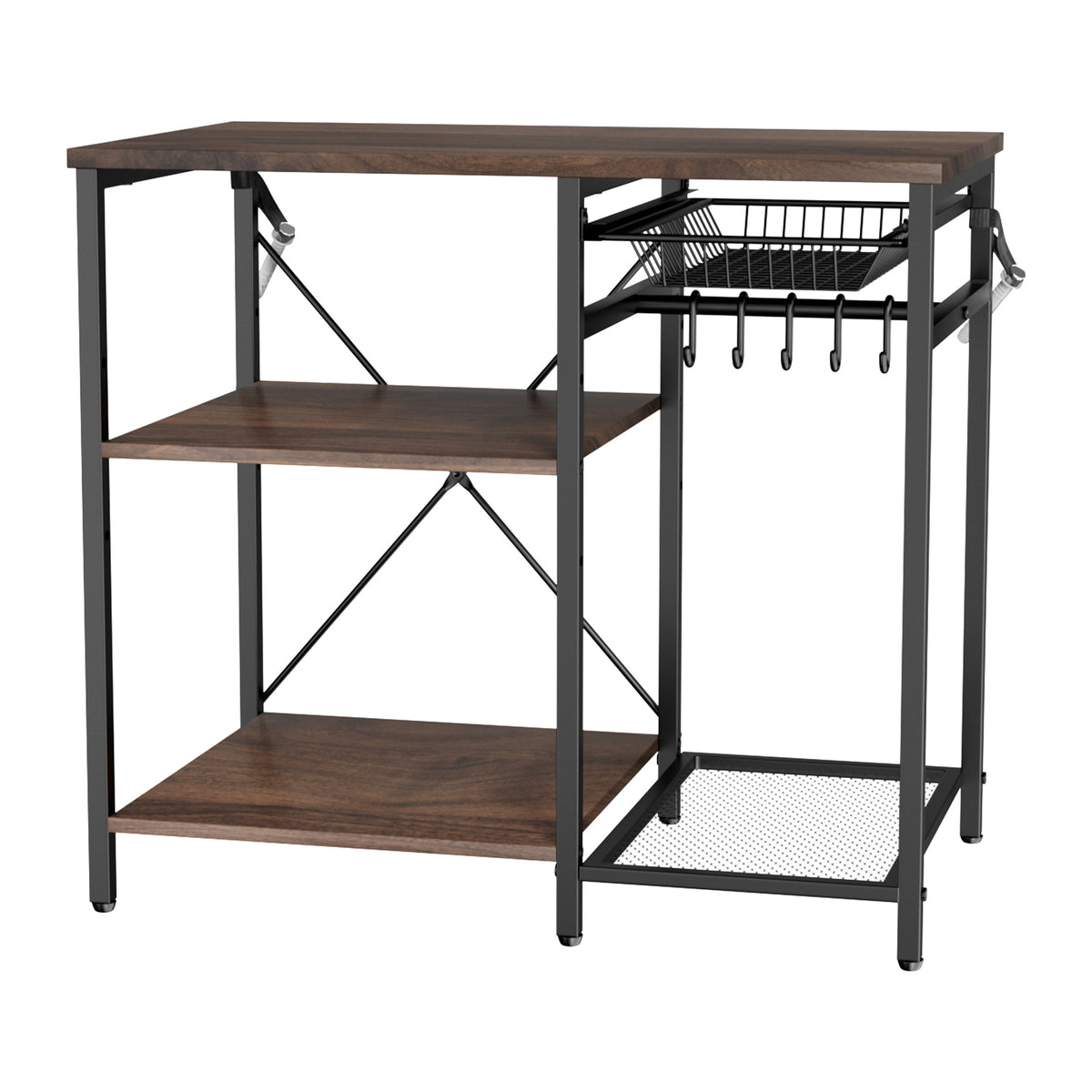 Kitchen Bakers Rack, 35.4 inch Width Bakers Rack, Kitchen Stand with X-Shaped Support Bar, 5 S-Shaped Hooks, Multi-Layer Storage Shelf, Coffee Bar Stand for Dishes & Bowls, Spice Bottles