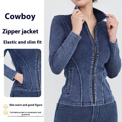 Slim Zippered Yoga Denim Jacket With Pockets High Collar Sports Fitness Outerwear Tops Coat For Women Clothing