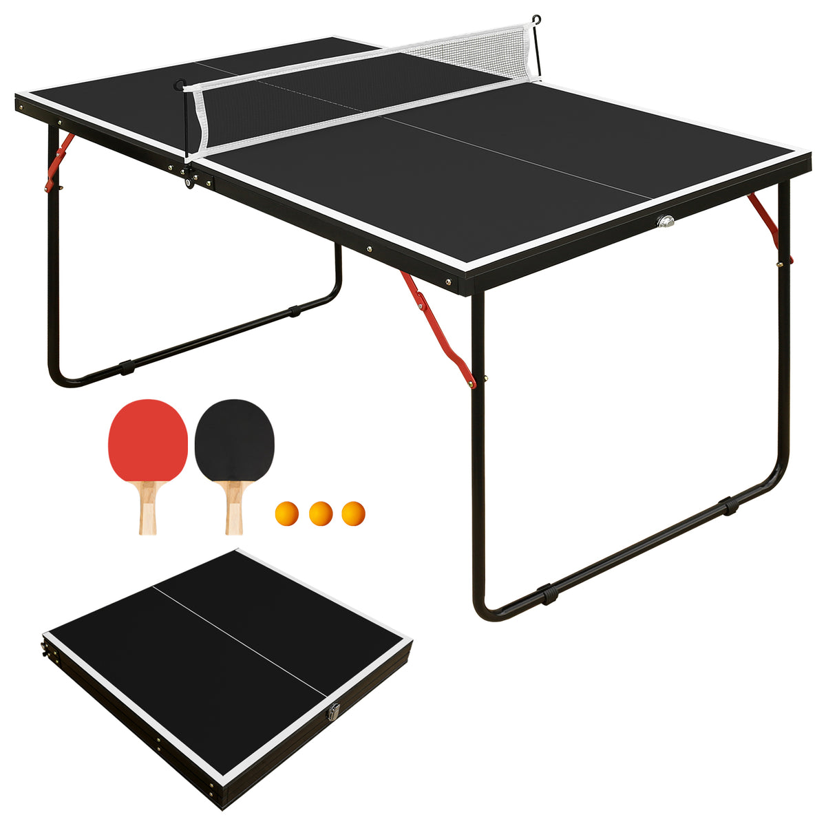 Foldable 4.5FT Table Tennis Table, Suitable Ping Pong Table with Net and 2 Table Tennis Bats Easy to Store Black