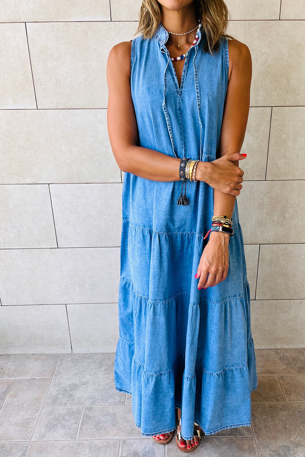 Real Teal Sleeveless Tiered Chambray Maxi Dress - Eloy Royal