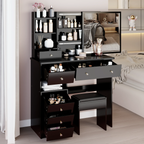 37' Middle Size Left Drawer Desktop Vanity Table + Cushioned Stool, Extra Large Right sliding mirror, Multi Layer High Capacity Storage, Practical Fashionable Dresser, Suitable For Large Space - Eloy Royal