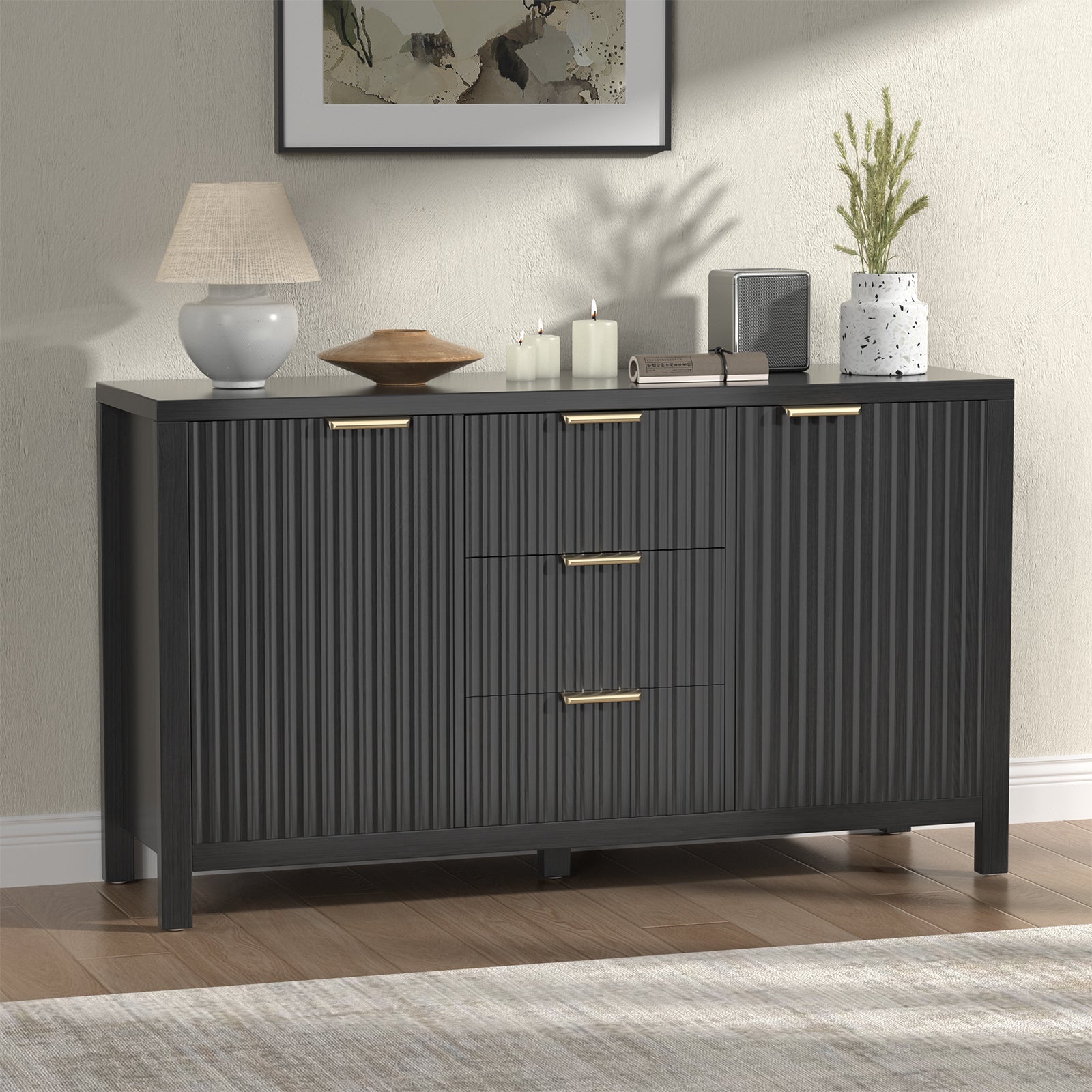 Sideboard Storage Cabinet, Fluted Credenza Buffet Cabinet with Two Doors and Three Drawers for Kitchen and Living Room, Black