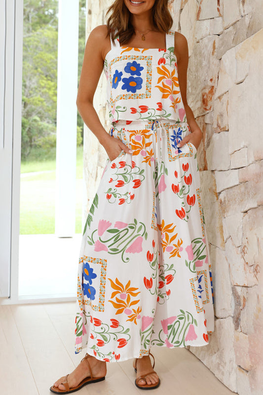 White Square Neck Tank & Wide Leg Pants Boho Floral Set - Eloy Royal