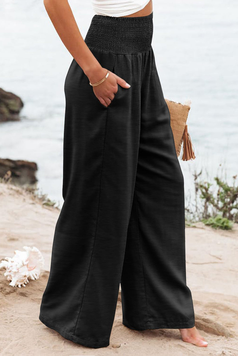 Black Shirred High Waist Plus Size Wide Leg Pants - Eloy Royal