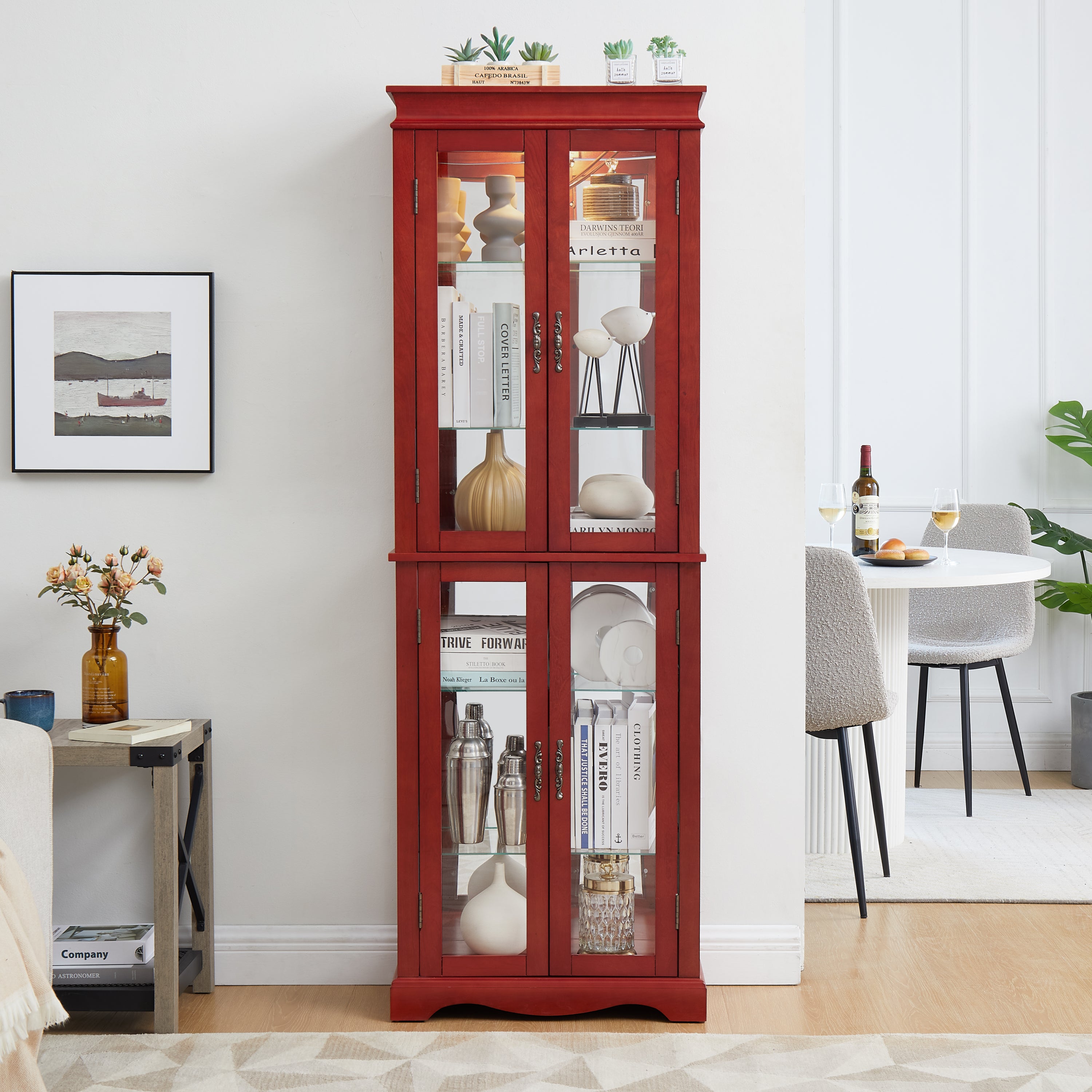 Lighted Glass Curio Display Cabinet with Wood Frame - Elegant Glass Storage for Wine, Toys & Collectibles - Perfect for Living Room, Kitchen & Pantry - Bulb Included, Cherry Finish